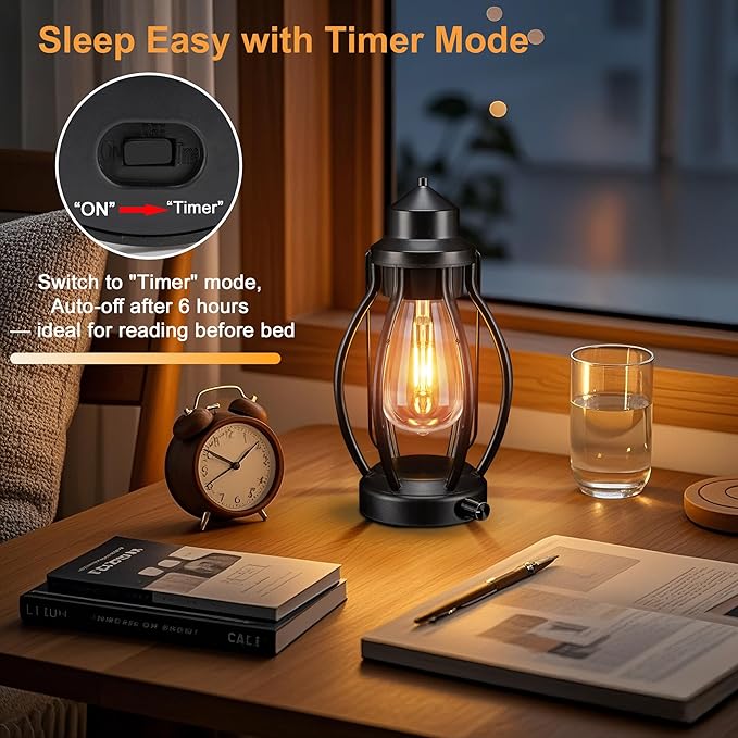 pearlstar Rechargeable Camping Lanterns 2 Pack Black Portable LED Decorative Lamps Outdoor Indoor Battery Operated/USB-C Charge, Dimming Edison Blub light with Timer, for Table Patio Garden Yard Porch