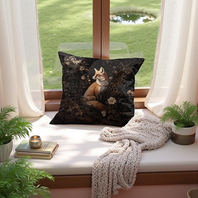 Vintage Floral Fox Pillow Covers 18x18, Rustic Farmhouse Dark Cottagecore Decor, Botanical Floral Fox Wild Animal Decorative Throw Pillow Covers for Home Bedroom Living Room