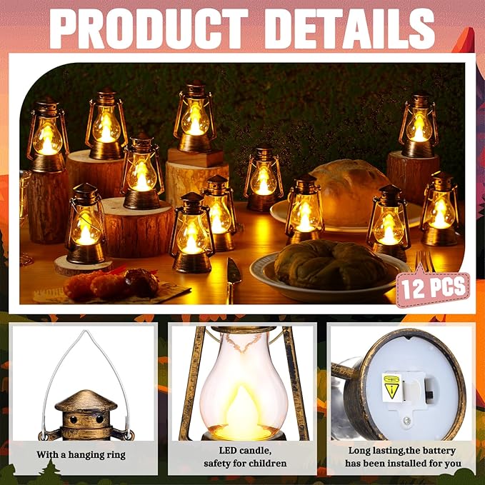 Ferraycle 12 Pcs Mini Lantern for Centerpiece Western Wedding Decor 4 Inch Camping Decorative with LED Candle Vintage Hanging Lantern Ornaments Bulk for Cowboy Cowgirl Xmas Party Decoration (Bronze)