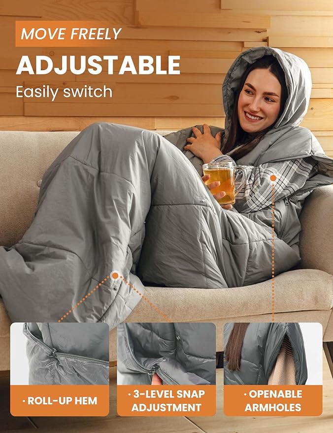 Adult Wearable Sleeping Bag with Hoodie, Sleeveless Design Adjustable Drawstring Waterproof Wearable Sleeping Bag Ideal for Camping, Cold Weather