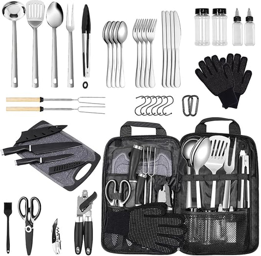 Logcow Camping Kitchen Utensil Set Outdoor Cooking Set Accessories Camping Cookware Kit for Travel, RVs, BBQs Stainless Steel Portable Camping Essentials Cooking Knife Set