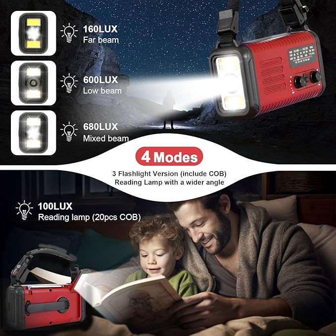 20000mAh Emergency Solar Radio with Hand Crank, NOAA Weather Radio & USB Charger - Portable Power Bank, LED Flashlight, SOS Alarm (red)