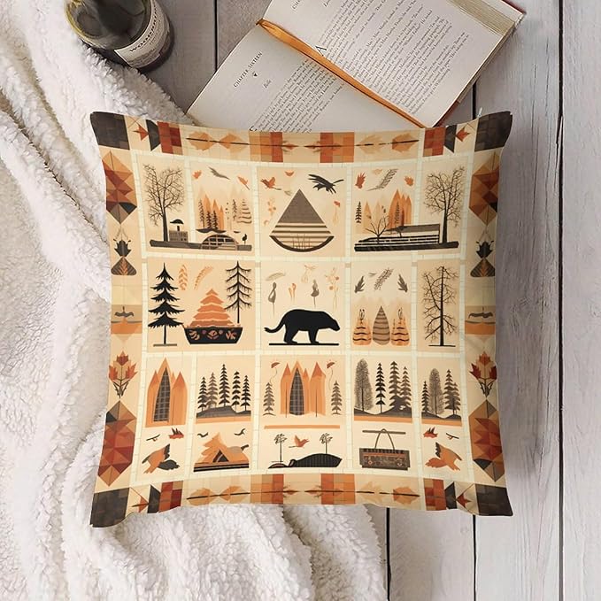 ITFRO Set of 2 Birthday Gift Nature Wildlife Bear Deer Forest Bonfire Pine Tree Short Plush Both Sides Square Retro Checkered Throw Pillow Cover Cushion Case Farmhouse Sofa Decor 18x18 Inches (Khaki)