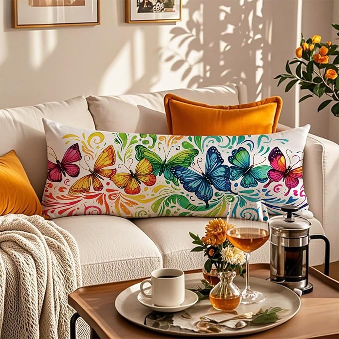 Colorful Rainbow Butterfly 20x54 Body Pillow Cover, Butterfly Lover Gifts for Women Girls Decorative Long Body Pillow Cases for Bed Couch