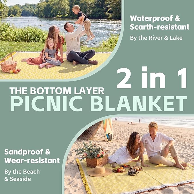 2 in 1 Extra Large Outdoor Picnic Blanket Camping Mat Lightweight Oversized Giant Turkish Boho Beach Mexican Serape Baja Cobijas Mexicanas para Mesa Park Stadium Outside Festival Grass Hammock