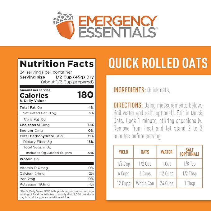 Emergency Essentials Quick Oats #10 Can|Bulk Instant Oatmeal for Long Term Storage|24 Servings,Survival Pantry Supply, Shelf Stable Up to 30 Years