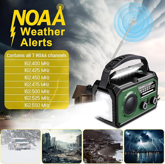 59200mWh Emergency Radio - 16000mAh Portable Solar Hand Crank NOAA/AM/FM Weather Radio with Battery Powered & USB Charger,SOS Alarm,Flashlight, Reading Lamp for Outdoor Camping,Storm,Survival Kits