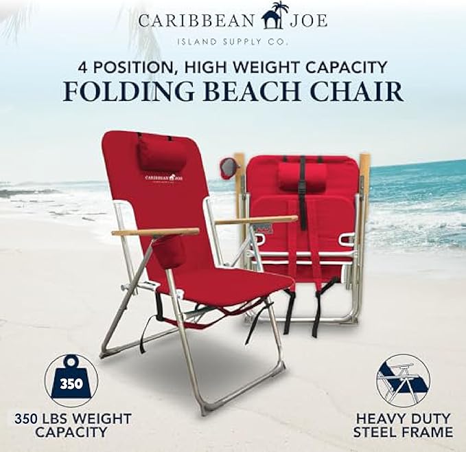 CARIBBEAN JOE Folding Beach Chair, 4 Position Portable Backpack Foldable Camping Chair with Headrest, Cup Holder, and Wooden Armrests