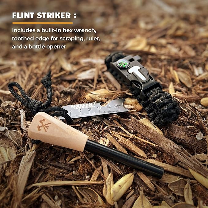 Bushcraft Survival Ferro Rod Fire Starter Kit & Backpacking Multitool | Flint and Steel Striker | Waterproof Magnesium Farrow Rod Tool & Firestarter for Campfires
