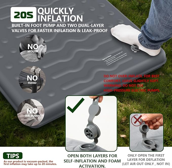 HiiPeak Memory Sleeping Pad, Compact 3" Thick Foam Sleeping Mats with Pillow, 9.5 R-Value Insulated Camping Mattress Pad, Easy Inflate & Deflate, Inflatable Sleep Mat for Backpacking Hiking Car Tent