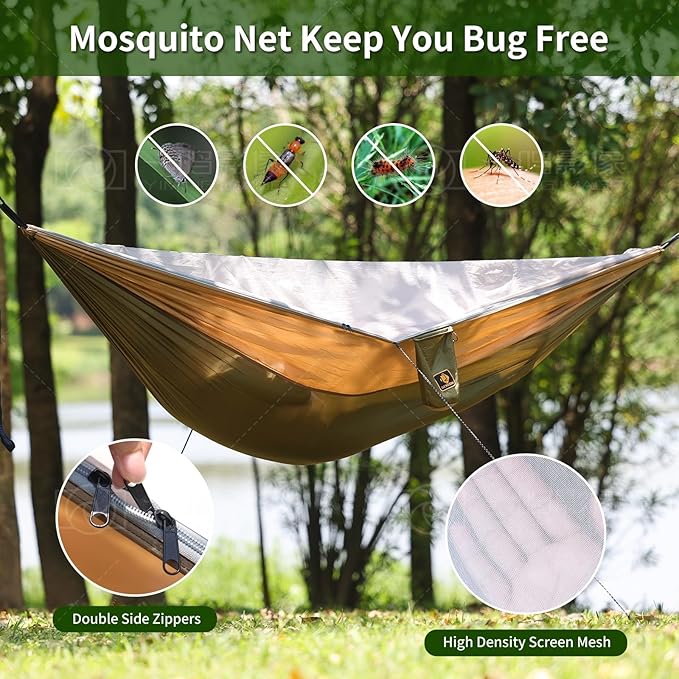 Camping Hammock with Mosquito Net,Lightweight 210T Nylon Hammocks,Portable Hammock with 10ft Tree Straps,Camping Gear Must Haves for Travel Hiking Backpacking Beach Patio-Green&Khaki