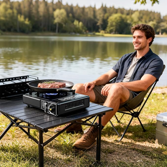 7800 BTU Dual Fuel Camp Stove, Butane or Propane Portable Stove for Camping, Lightweight Portable Camping Stove, Propane Adapter Hose and Carrying Case Included