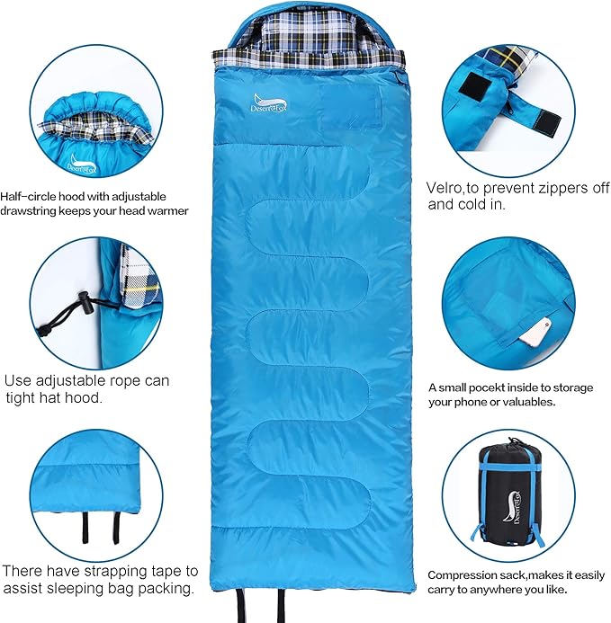 DESERT & FOX Cotton Flannel Sleeping Bags with Pillow, 4 Season Warm & Cold Weather Envelope Compression Sack, Lightweight & Portable Backpacking Sleeping Bag for Outdoor Camping, Hiking, Traveling