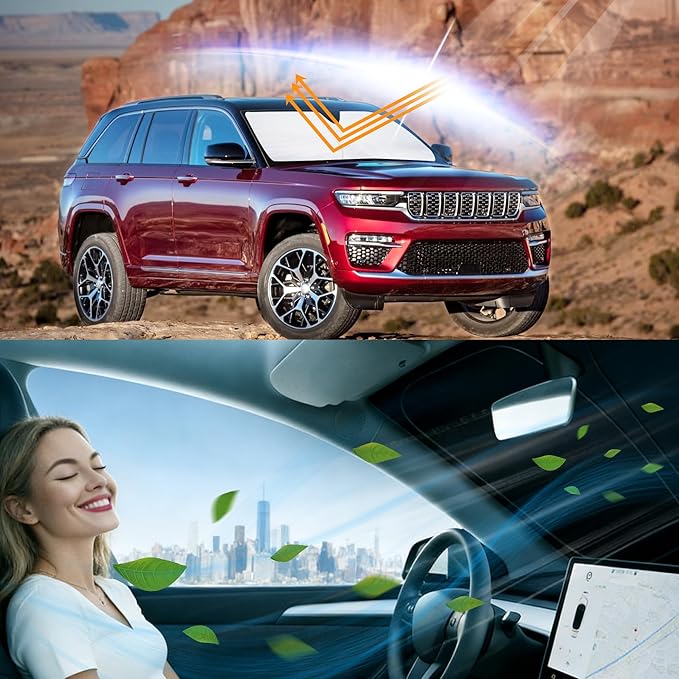 Windshield Sun Shade Foldable Sunshade Protector Custom Fit Jeep Cherokee 2014-2024 2025 Trailhawk,Overland, Limited, Latitude, Altitude Accessories (Not for Jeep Grand Cherokee)