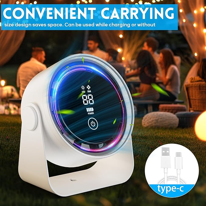 Small Desk Fan Battery Powered - White Low Noise Quiet Smart Portable Gentle Blowing without Headaches for Office Bedroom Living Room Table Top Wall Hanging Kitchen Travel Camping 5-Speed 360 Rotation