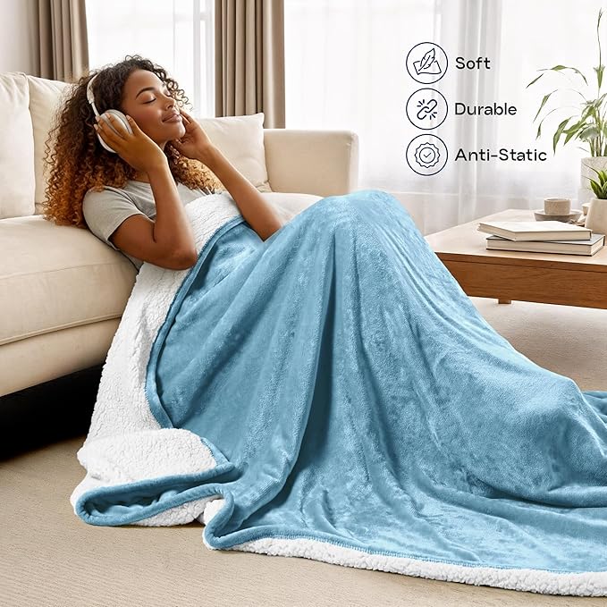 Utopia Bedding Sherpa Blanket Throw Size (Washed Blue, 50x60 Inches) - Soft Lightweight Plush Fleece Reversible Blanket for Bed, Sofa, Couch, Camping and Travel