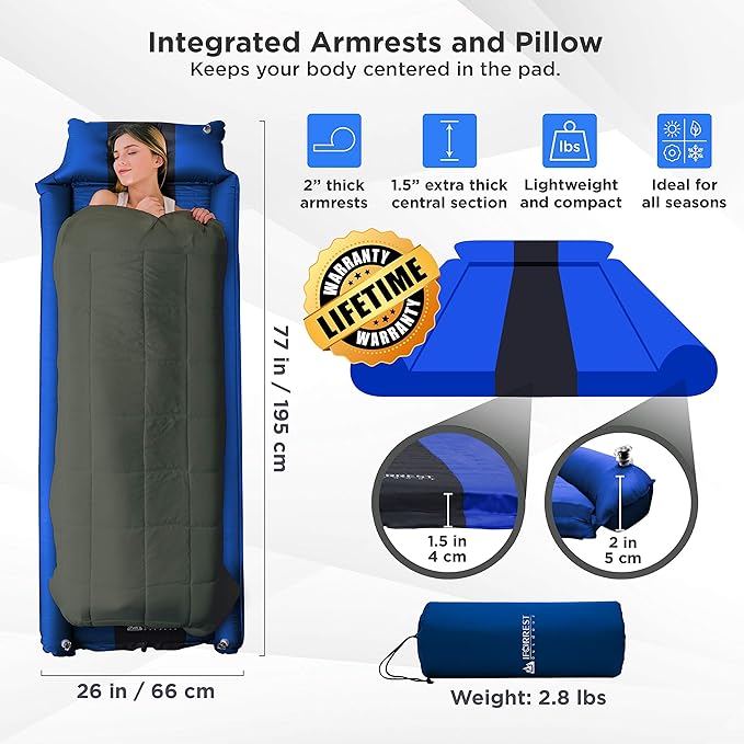 IFORREST Camping Pad with Armrest & Pillow - Self-InflatingAir Mattress, Rollover Protection, Ultra-Comfortable Mat, Lightweight for Tent, Cot, Backpacking(L/XL)