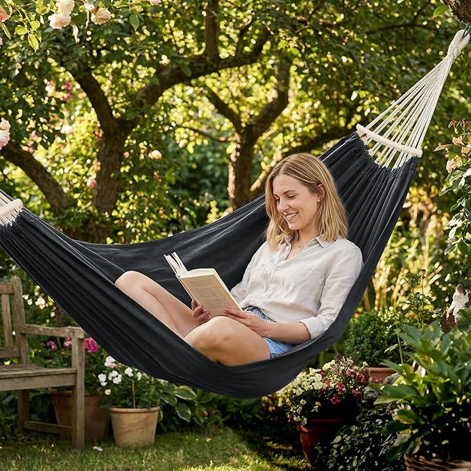 Anyoo Garden Cotton Hammock Comfortable Fabric Hammock with Spreader Bar Sturdy Hammocks Up to 450lbs Portable Lightweight Hammocks with Travel Bag for Camping Outdoor/Indoor Patio Backyard