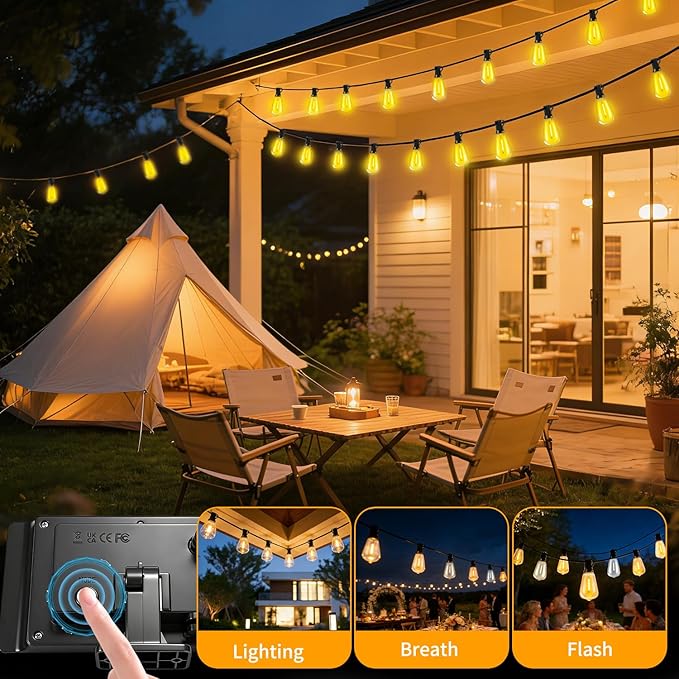 Solar Lights Outdoor Waterproof: ST38 33FT 10M Shatterproof Bulbs Patio Lights - Solar Powered & USB Charging- Remote Control 3 Light Modes Dimmable Solar Light - Camping Backyard Garden