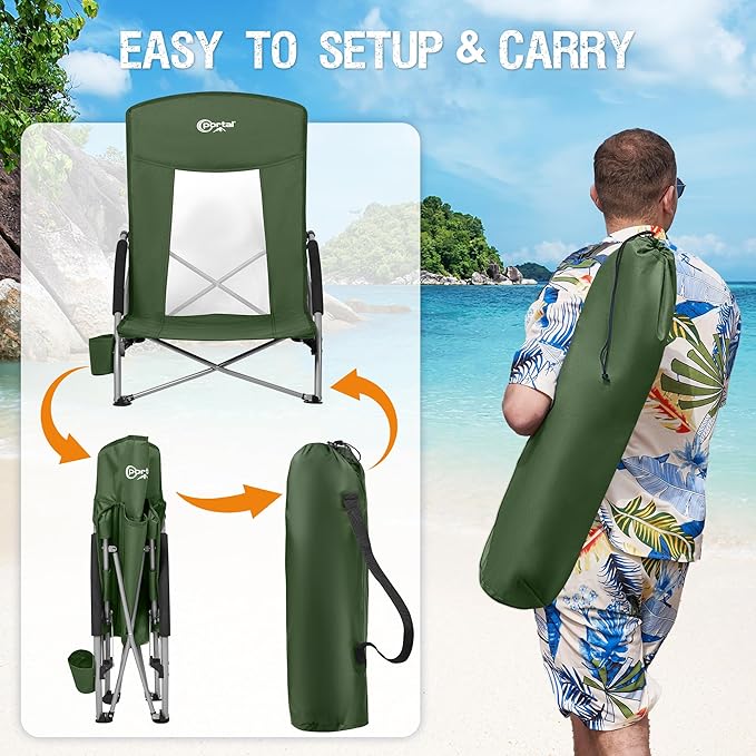 Portal Beach Chairs for Adults Camping Low Lightweight Portable Chair with Cup Holder Mesh Back Carry Bag for Outdoor Sand Lawn Travel Picnic Festival Concert