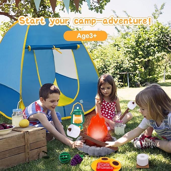 MITCIEN Camping Toys Play Set, Pretend Campfire, Play Food for Kids with Oil Lantern, Pretend Fruits Vegetables Cutting, S'Mores, Indoor Outdoor Toys for Toddler