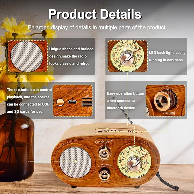 Oncheer Portable Retro Vintage Bluetooth Speaker Radio, FM/AM/SW 3 Band, Adjustable Antenna, Battery Powered, Support TF Card, USB Playing Music, Home Decor Gifts for Friends Family -Brown Color