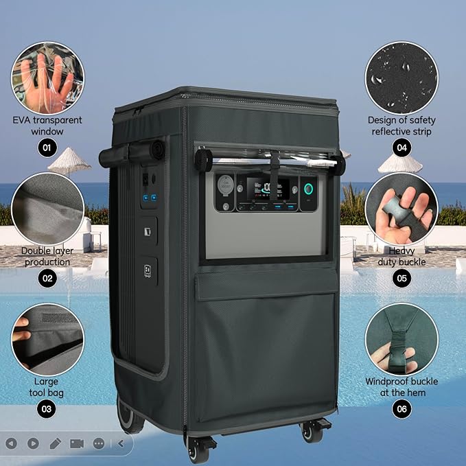 For Anker SOLIX F3800 Protective Cover, Waterproof Dustproof Storage Bag with Accessory Pockets & Control Window, for Anker SOLIX F3800 & F3800 Plus Portable Power Station (3840Wh 6000W)