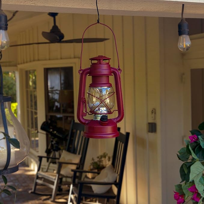 Alpine Corporation 10" H Indoor/Outdoor Metal and Glass Hurricane Lantern with Dimmable LED Lights, Red