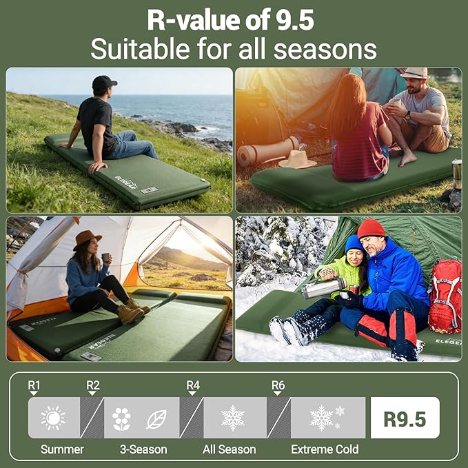 Elegear CumbreX™ Self Inflating Sleeping Pad, Built-in Electric Pump 3.15" Ultra-Thick Memory Foam Camping Mattress with Pillow Sleeping Pad for Camping R-Value 9.5 Foam Camping Pad Army Green Single