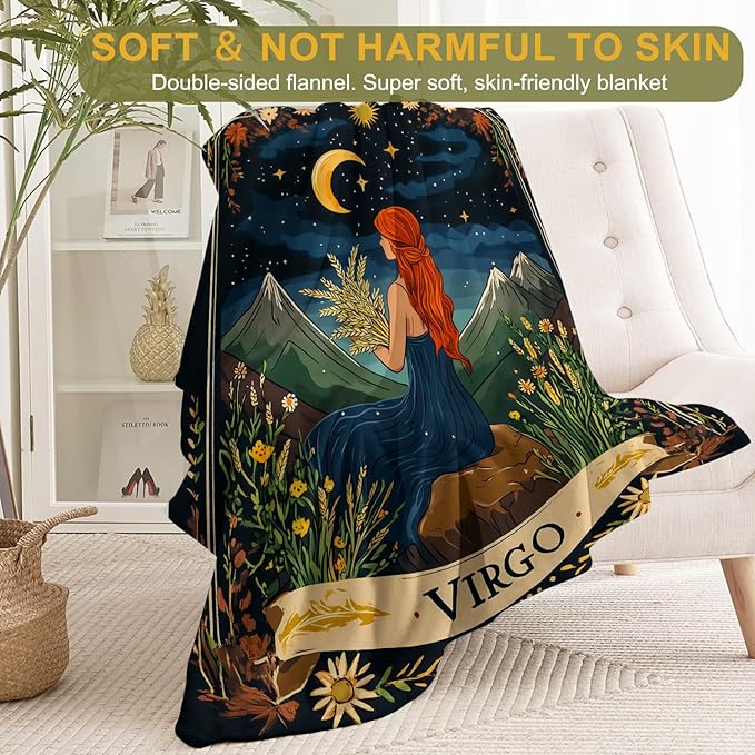 Virgo Zodiac Fleece Blanket - Lightweight Soft Cozy Gifts Throw for Zodiac Lovers,Kids,Women,Men,Red-Haired Maiden Starry Sky Tarot Blankets,Home Room Modern Artistic Bold Decor 40x50in