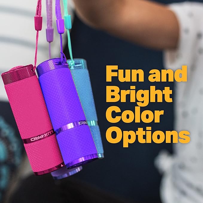 LUXPRO 3 Pack Mini Flashlights - LP395 Gel Glow in Dark - Aluminum LED Flashlights with Maximum Brightness of 40 Lumens - IPX4 Water Resistant - 3 AAA Batteries Included - Pink, Purple & Blue