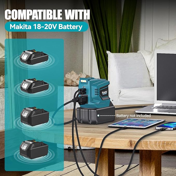 Ecarke 200W Portable Power Inverter Compatible with Makita 18V Battery, DC 18V to AC 110V Power Station with 1 AC Outlet, 2 USB, 1 Type-C & LED Light, for Outdoor Emergency Use (No Battery)