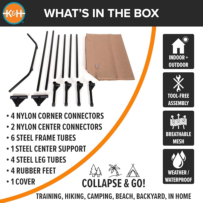 K&H Outdoor Elevated Dog Bed - Cooling Raised Dog Bed for Extra-Large & Giant Pets, Breathable Mesh Hammock Design, Indoor/Outdoor Washable Cover, Portable Metal Frame, Tan, Jumbo 56x38in