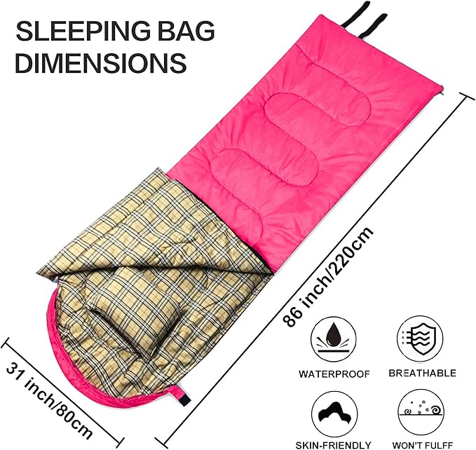 DESERT & FOX Cotton Flannel Sleeping Bags with Pillow, 4 Season Warm & Cold Weather Envelope Compression Sack, Lightweight & Portable Backpacking Sleeping Bag for Outdoor Camping, Hiking, Traveling