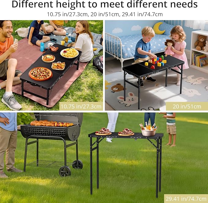 Anbte 3ft Tri-fold Camping Table Max 29.5", 3 Adjustable Heights Aluminum Folding Camping Table with Storage Bag, Lightweight, Portable Handle for Travel Outdoor Beach Picnic, 35" x 16", Black