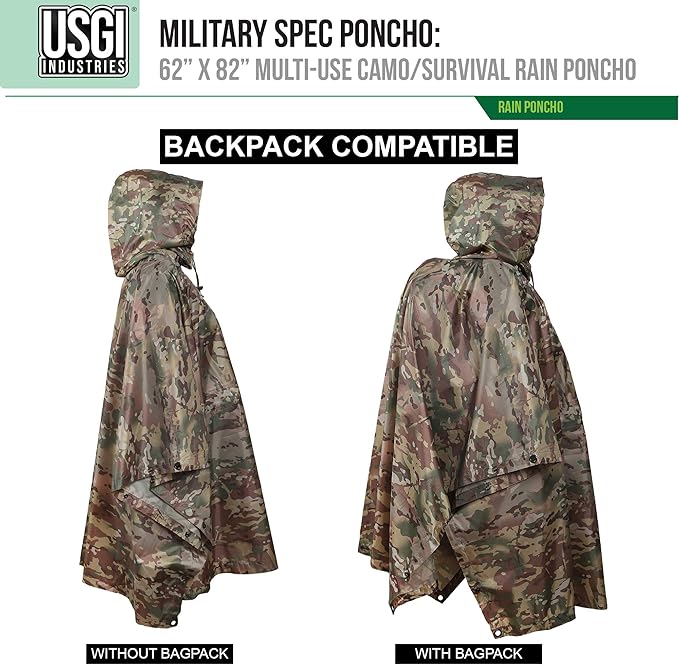 USGI Industries Military Style Poncho Multi Use Rip Stop Camouflage Rain Poncho