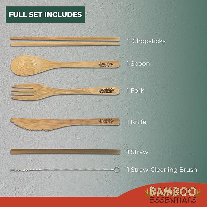 Travel Utensils with Case Set Fork, Knife, Spoon, Chopsticks, Straw, Straw-cleaning brush, Travel Pouch and Carabiner, Excellent For Everyday Use! ((1Set) Sunset Red)