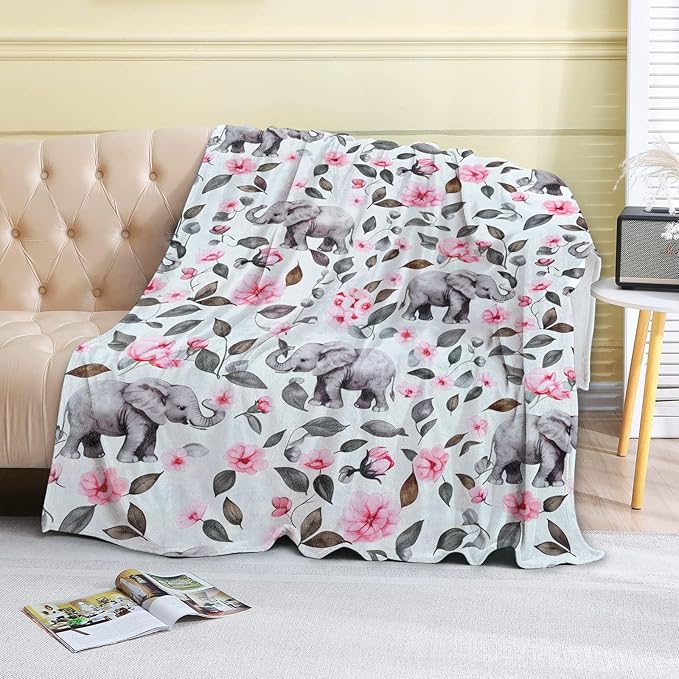 Elephant and Flower Fleece Blanket - 50x60in Pink Floral Throw Blankets,Soft Cozy Lightweight, Ideal for Living Room Home Rustic Decor and Kids Women Girls Spring Gifts