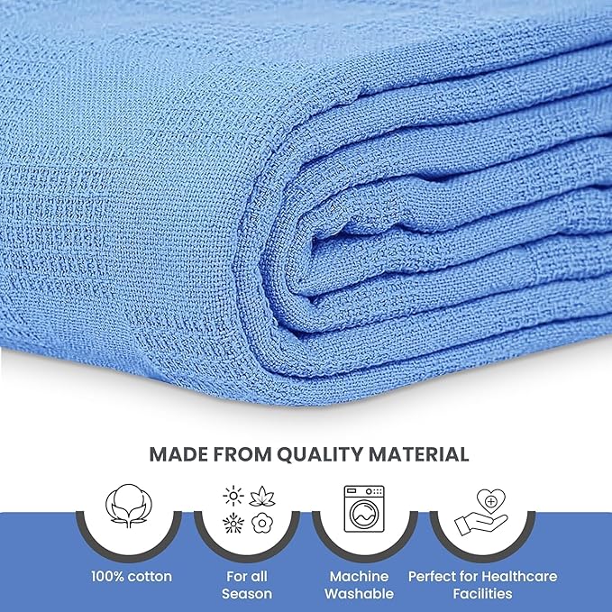 Linteum Textile Supply Blue - Snag Free Hospital Thermal Blanket 66x90 Inch 100% Cotton, Soft and Cozy, Breathable, All Season Twin Hospital Blanket (12-Pack)