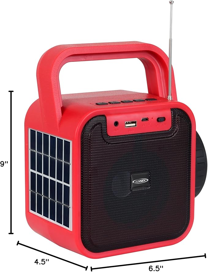 Jensen JEP-175 Portable Rechargeable Bluetooth Speaker with FM Radio, Flashlight, Solar Panel, and USB Port, Red, JEP-175
