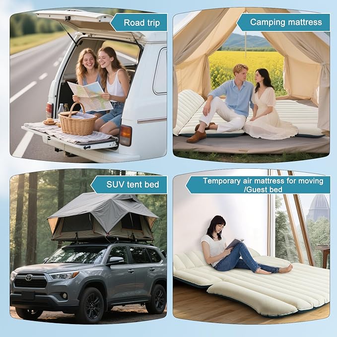 Ciremiv SUV Air Mattress with Double-Sided-Thick Flocked,Car Mattress with Pillow & Pump,Leakproof Durable Car Air Mattress,for Auto Camping, Road Trip,Double-Sided Flocking(Blue and White)