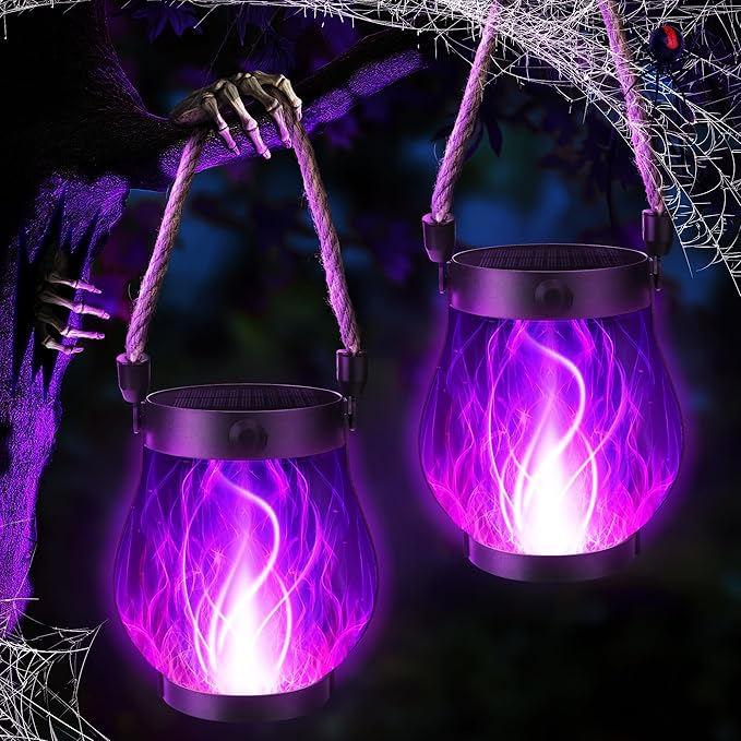 iBaycon 2 Pack Solar Lanterns Lights, Halloween Flickering Flame Garden Lights with 2 Modes Dual Charging USB & Solar, Outdoor Waterproof Hanging Lantern for Party Holiday Halloween Decor (Purple)