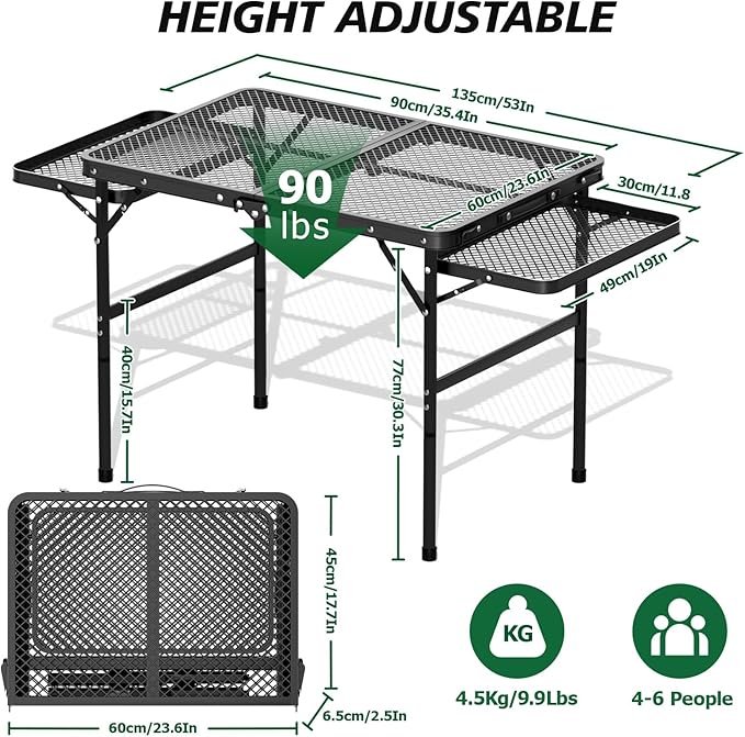 Folding Grill Table 30.3" Height Adjustable, Outdoor Camping Table with 2 Extra Desktops, 3x2 FT Portable Metal Grill Table for Outside for Picnic BBQ Camping Beach