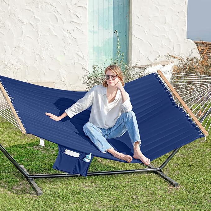 GAFETE 2 Person Hammock with Stand for Outside, Heavy Duty Steel Stand, Double 55inch Hammocks, Large Removable Pillow, Storage Bags, Max 475 lbs Capacity (Blue)
