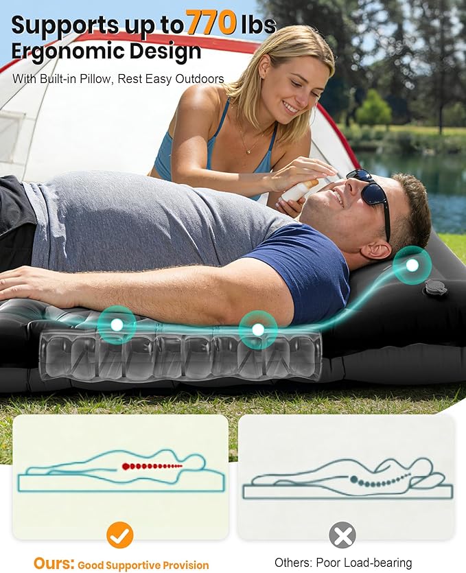 Double Sleeping Pad for Camping, 5.9 Inch Thick Self Inflating Sleeping Mat for Camping with Built in Pillow and Foot Pump, 2 Person Camping Mattress for Backpacking Hiking