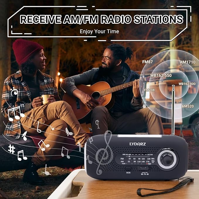 Emergency Crank Weather Radio, Solar Hand Crank Portable AM/FM/NOAA, 3 Mode Flashlight, SOS for Home and Outdoor (Black)