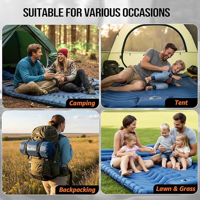 Double Sleeping Pad for Camping- 2 Person Camping Mattress with Pillow, Inflates in 60 Seconds Sleeping Pad with Pump-Electric/Foot Portable Air Pad for Backpacking, Hiking, Tent, Car Travel, Beach