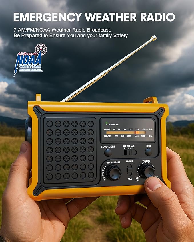 Hand Crank Emergency Radio Solar with 12000mAh Power Bank, NOAA/AM/FM/Weather Alert, 5W LED Flashlight & Reading Lamp for Hurricanes, Blizzards, Power Outage, Survival Gear