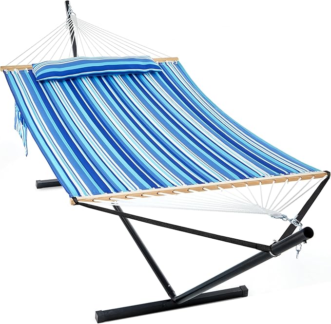 GAFETE 2 Person Hammock with Stand for Outside, 12ft Heavy Duty Steel Stand, Double Hammocks with Hardwood Spreader Bar, Large Removable Pillow, Side Pockets, Max 475 lbs Capacity (Ocean Blue)