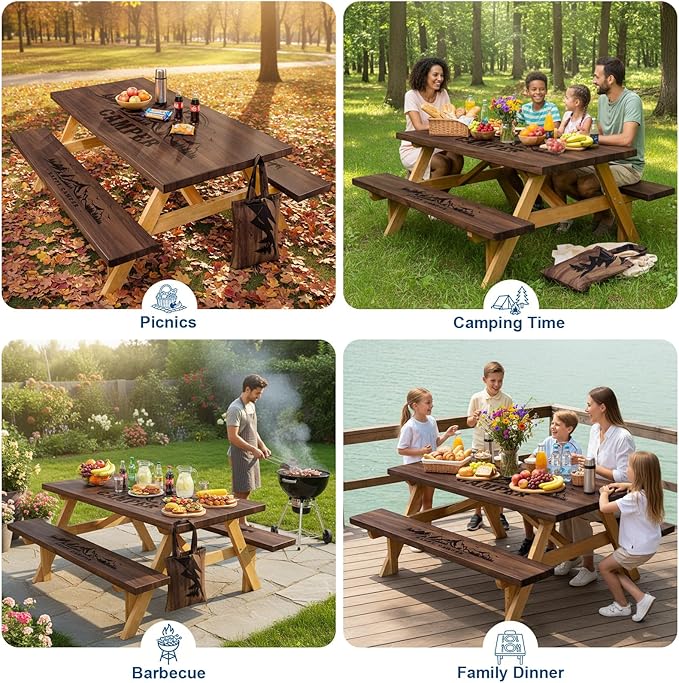 Picnic Table Cover with Bench Covers and Bag, 72in Camping Tablecloth, Waterproof Windproof Elastic Edges Fitted Rectangle Tables RV Gear Campers Must Have(Brown）